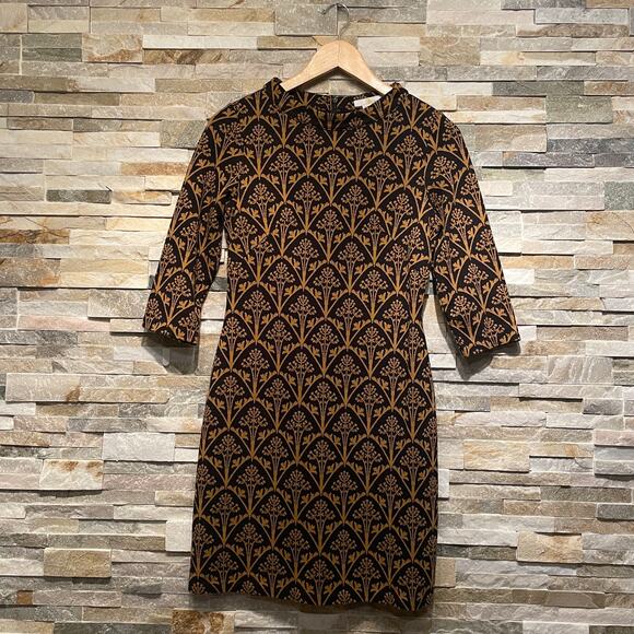 Boden Victoria Jacquard Dress US 4P | Black Gold Metallic, Shift, 3/4 Sleeve - Picture 4 of 7
